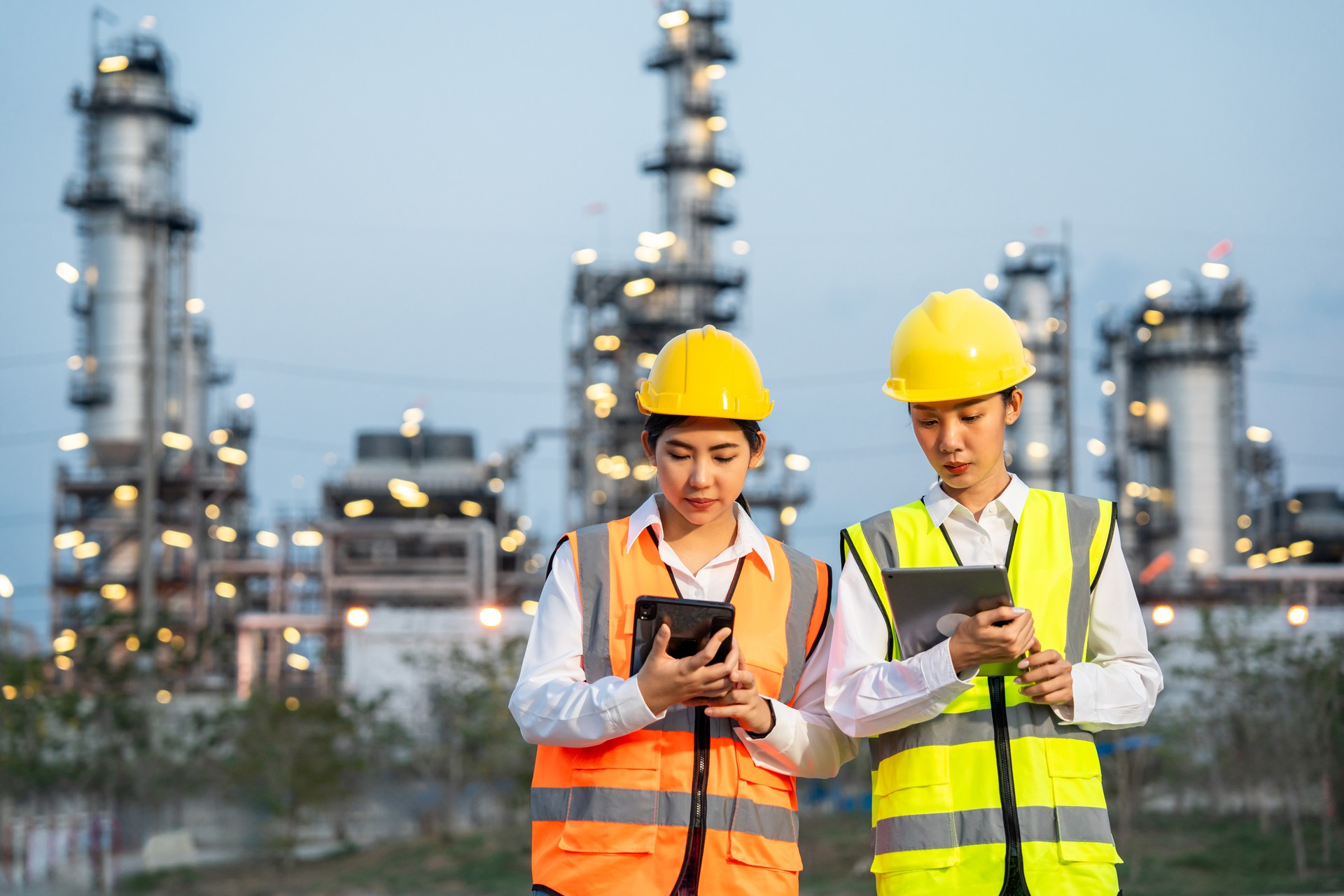 Two Asian female engineer with white safety helmet standing front of oil refinery. Industry zone gas petrochemical. Factory oil storage tank and pipeline. Workers work in the refinery construction