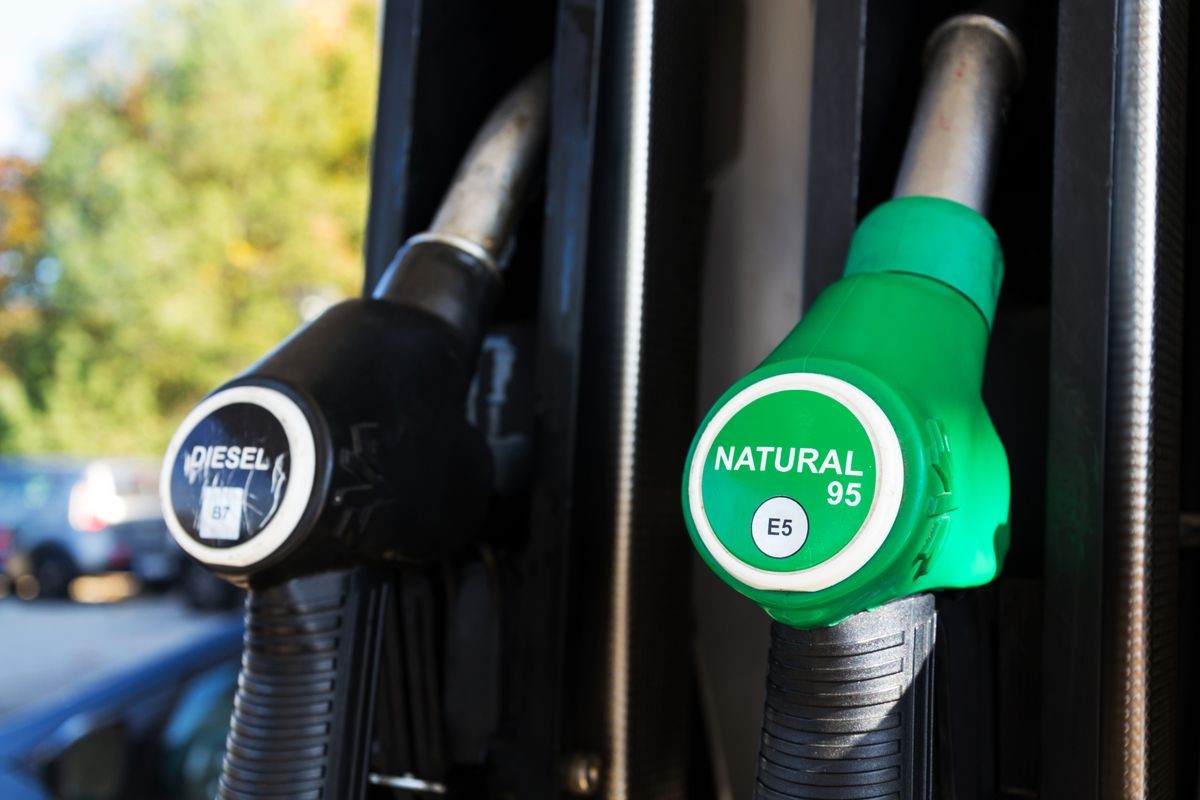 New fuel labeling at petrol station pumps with new EU labels, sunny day